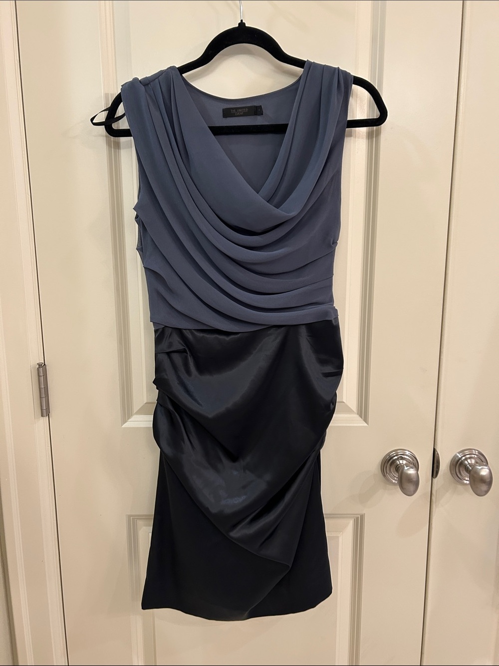 The Limited Slate Blue and Black Draped Midi Dress with Cowl Neck